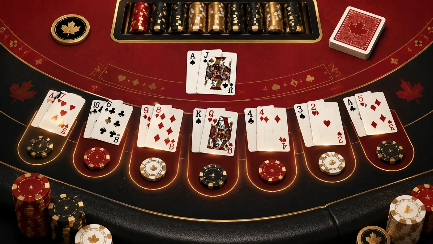 American blackjack illustration with multiple blackjack decisions on a casino table