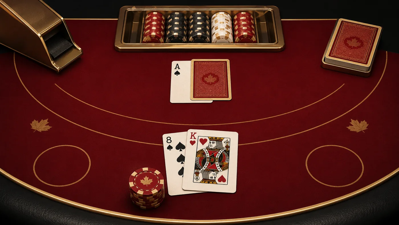 Classic blackjack illustration with traditional cards and table layout