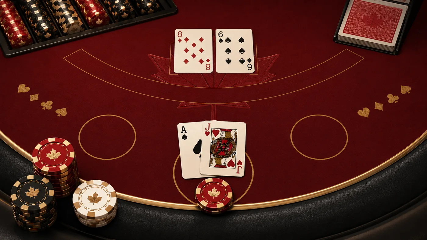 European blackjack illustration with dealer and player cards on a red felt table