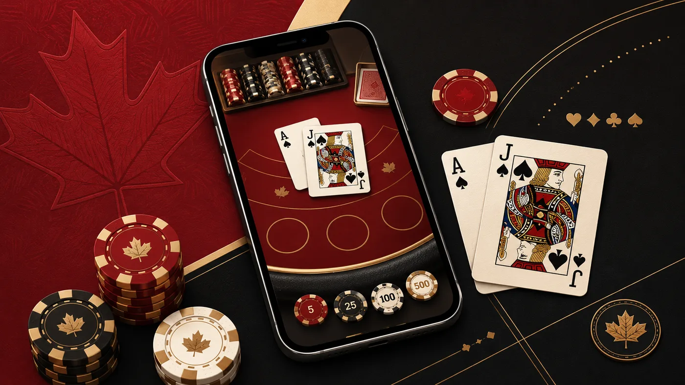 Original mobile blackjack hero illustration with cards, chips and Canadian casino styling