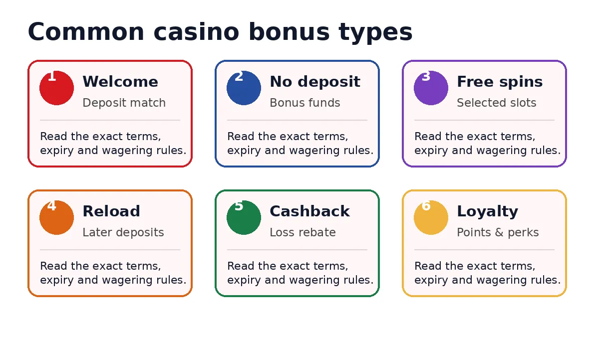 Original infographic showing six common casino bonus types