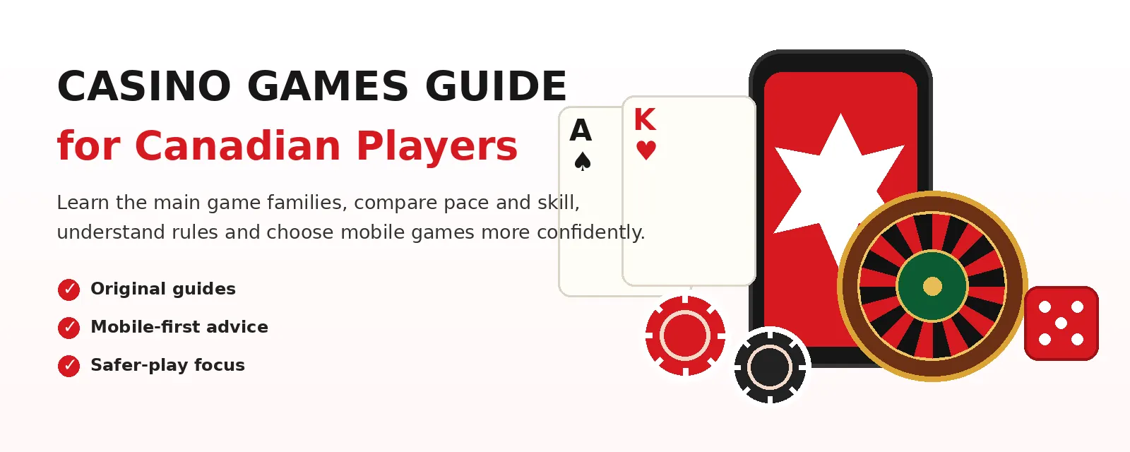 Original Canadian casino games guide artwork with cards, roulette, chips and mobile play