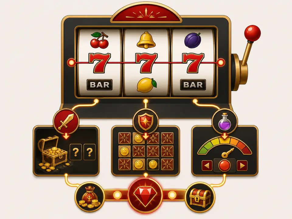 Original character-style slot illustration with animated fruit, gifts and interactive controls