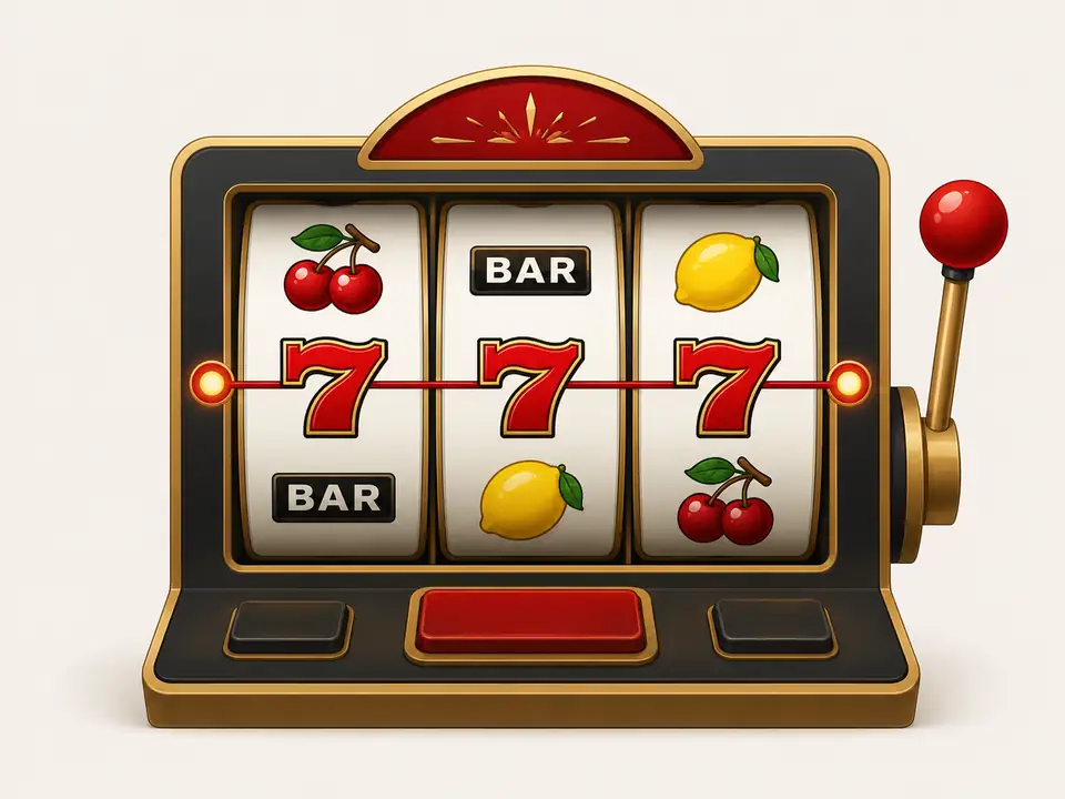 Original classic three reel slot illustration with fruit, BAR and seven symbols