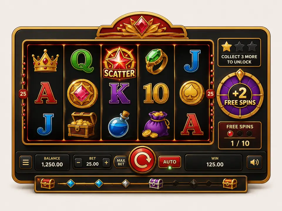 Original interactive slot interface with scatter, free-spin wheel and collection progress