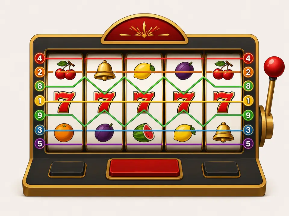 Original five reel slot diagram showing straight and zigzag paylines