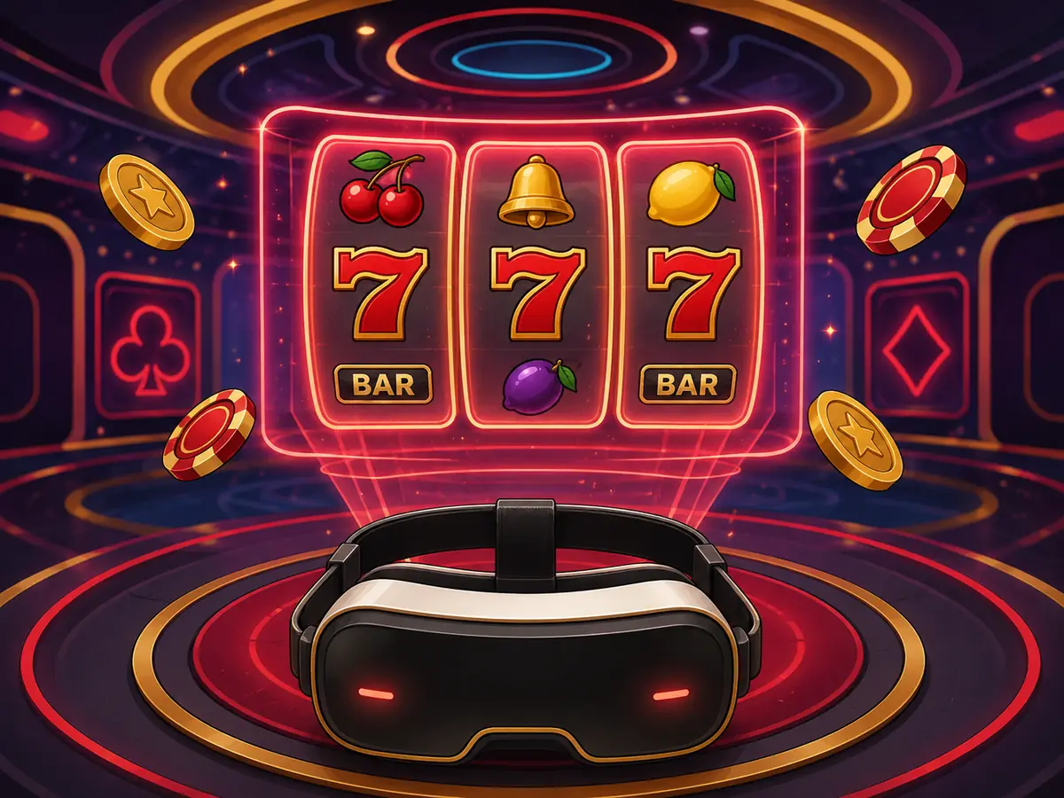 Original virtual reality slot scene with headset and holographic reels