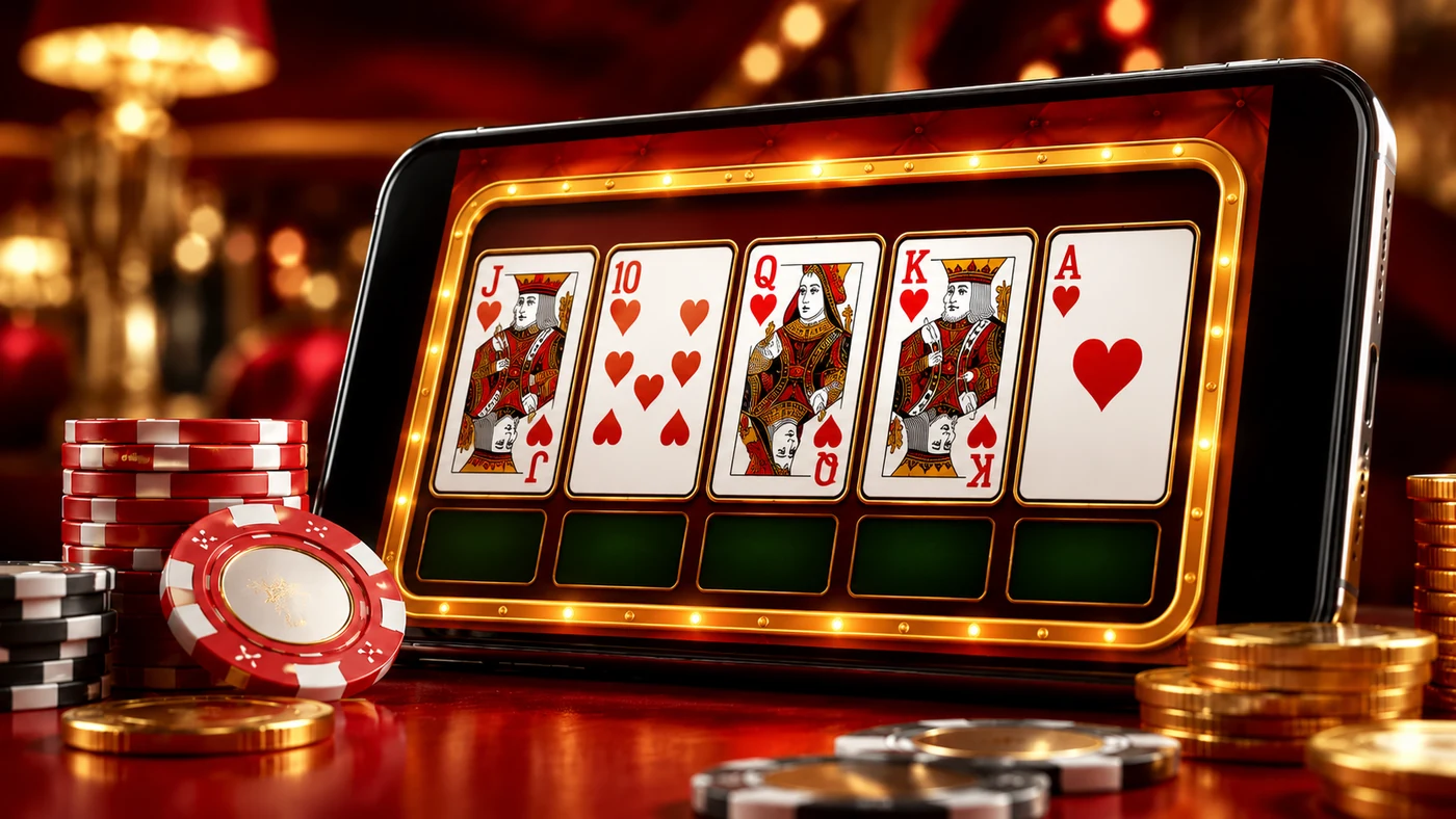Original video poker hero artwork with royal flush cards and casino chips