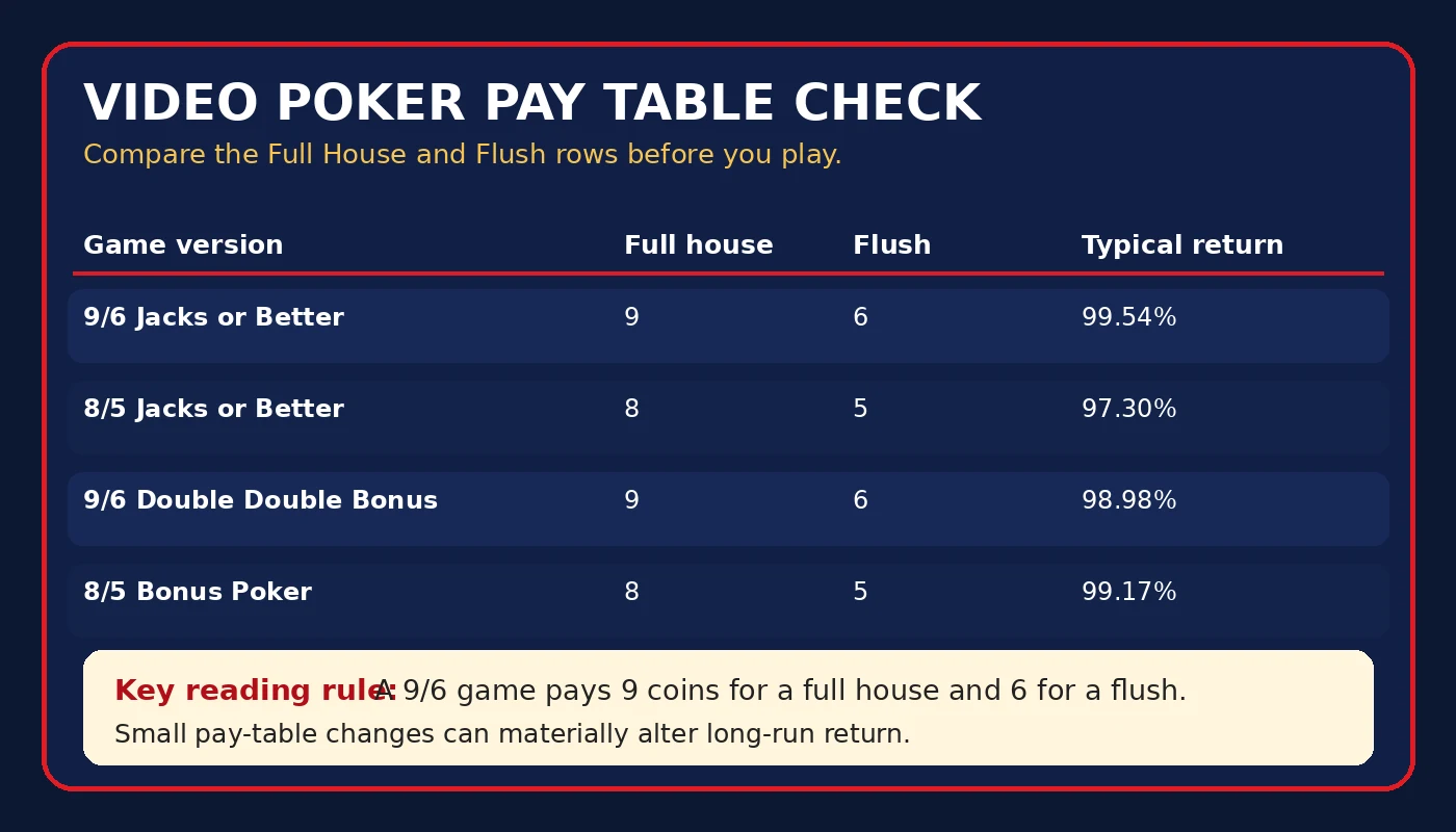 Video poker pay table comparison for Jacks or Better and bonus variants